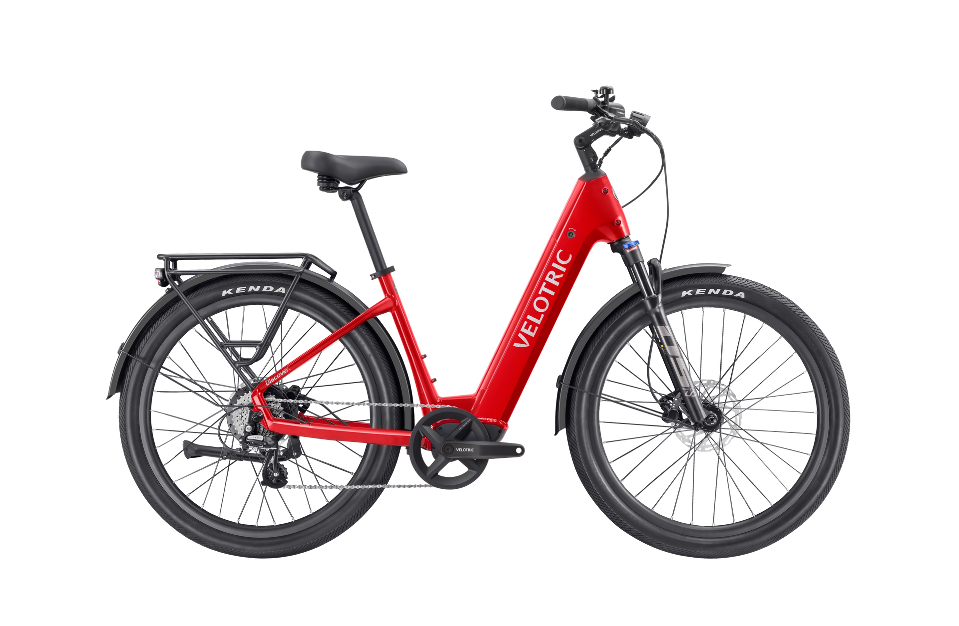 A green electric bike is sitting on a white surface.