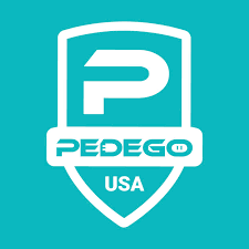 The logo for pedego usa is a white shield on a blue background.