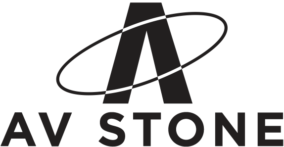 A black and white logo for av stone with a circle around the letter a.