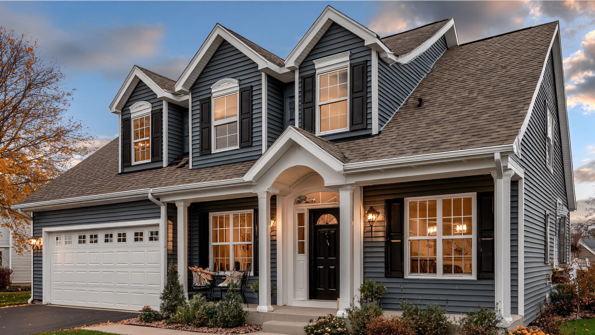 Two-story blue house with white trim, black shutters, and a front porch under a cloudy sky.