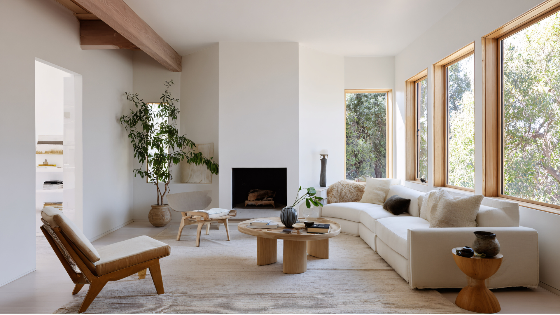 Spacious, bright living room with white walls, sectional sofa, and natural wood accents.