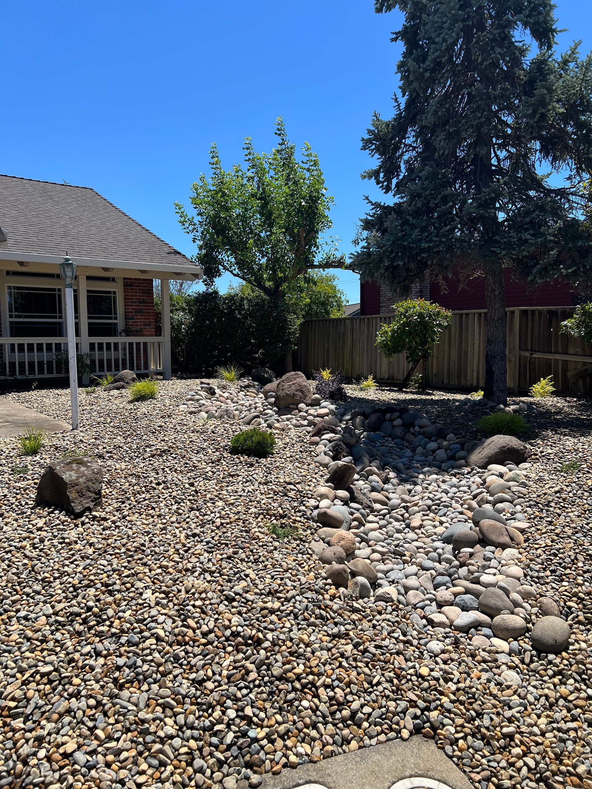 Gravel-filled front yard with dry creek bed, small shrubs, and a house under a blue sky.