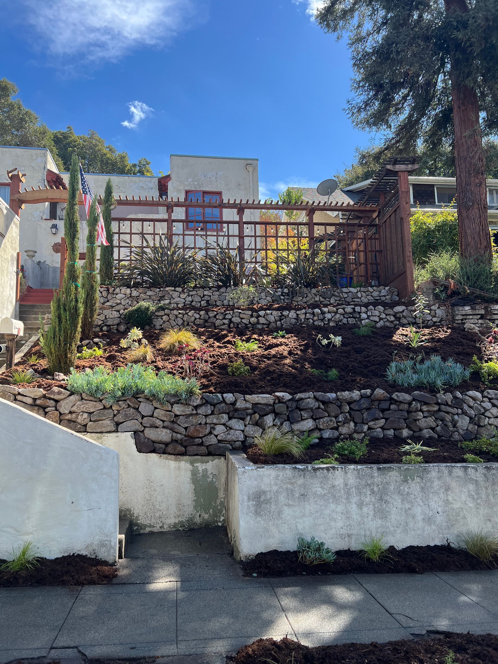 A tiered garden with stone walls and plants. A wooden trellis and buildings are in the background under a blue sky.