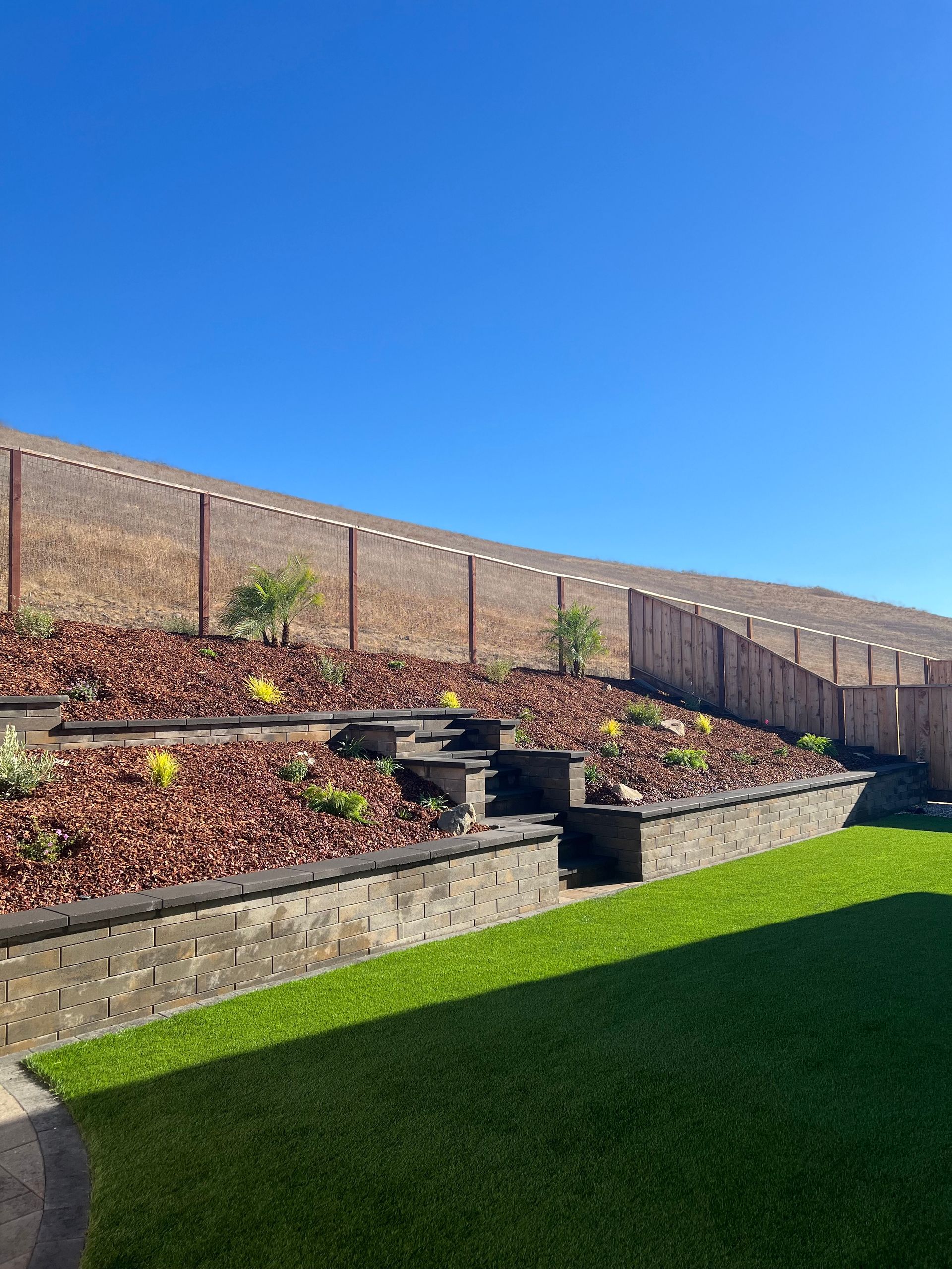 Green lawn with terraced garden beds, steps, and a fence against a blue sky.