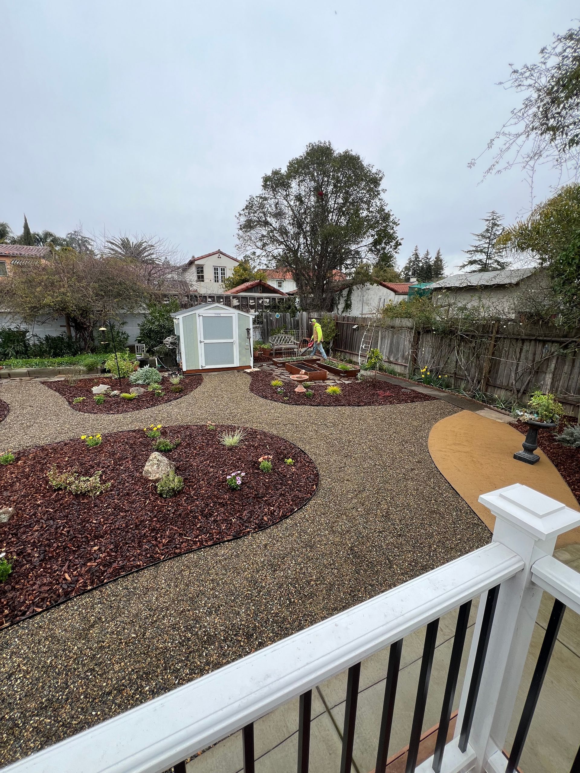 Backyard garden with wood chip pathways, rock features, and a small greenhouse. Overcast day.
