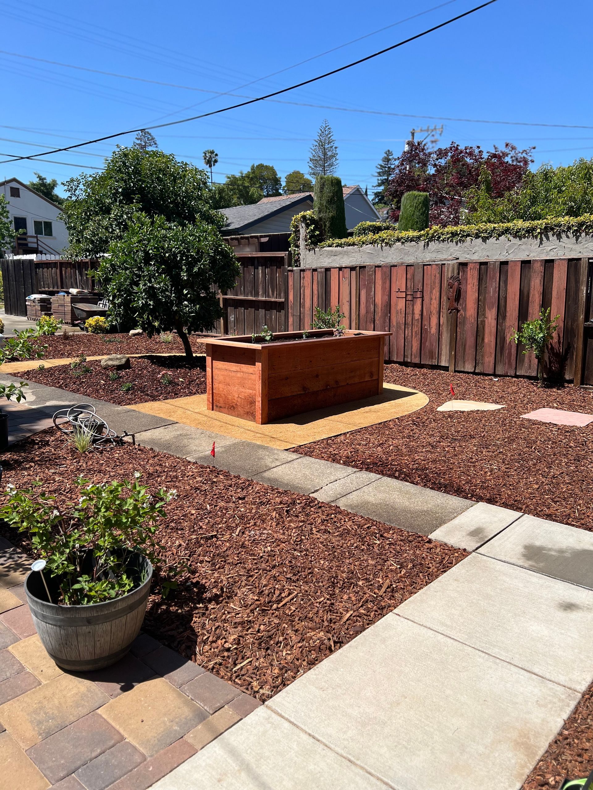 Backyard garden with a raised wooden planter, surrounded by mulch and a paved path.