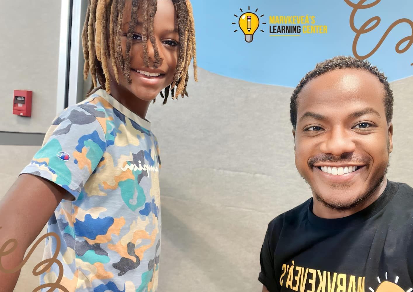 A man and a boy are posing for a picture and the boy is wearing a camouflage shirt