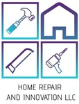 The logo for home repair and innovation llc shows a hammer , saw , drill and screwdriver.