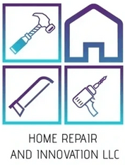 The logo for home repair and innovation llc shows a hammer , saw , drill and screwdriver.