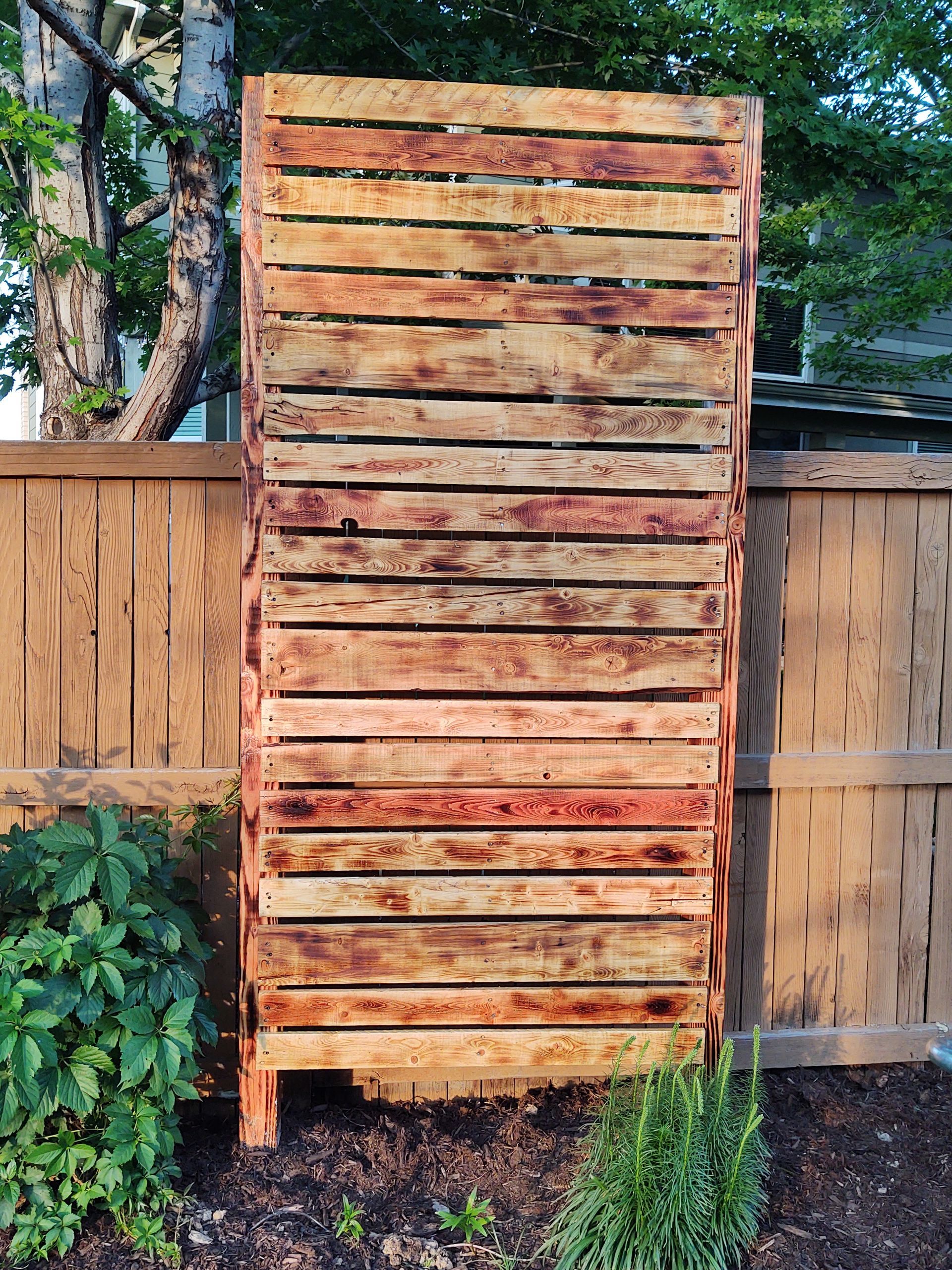 A wooden fence is surrounded by trees and bushes.