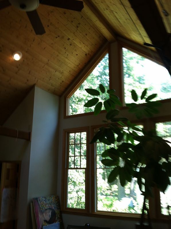 A room with a lot of windows and a ceiling fan