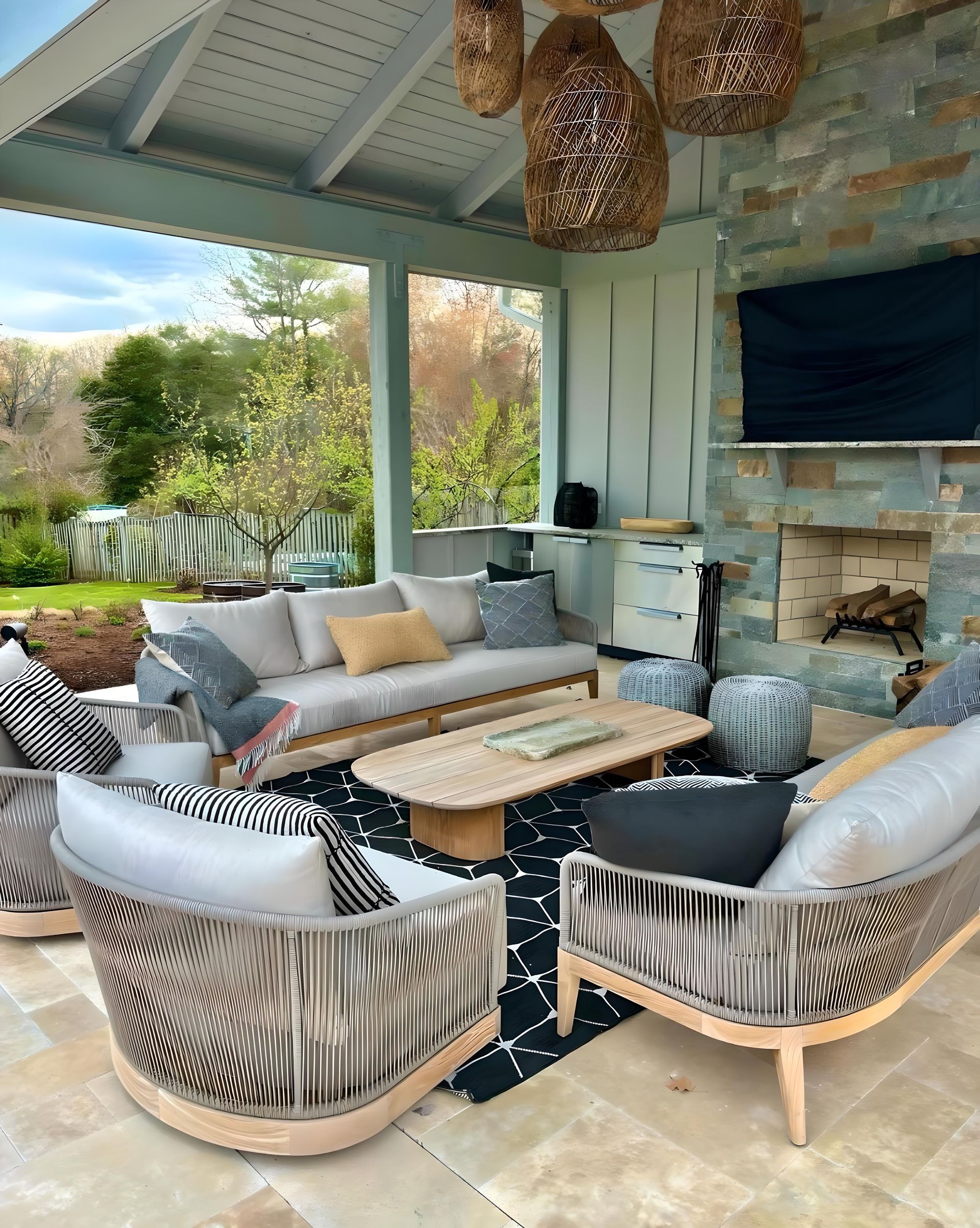 A patio with a table and chairs under a pergola