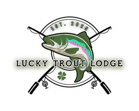 Logo for Lucky Trout Lodge: Rainbow trout, crossed fishing rods, shamrock, and text on a circular design.