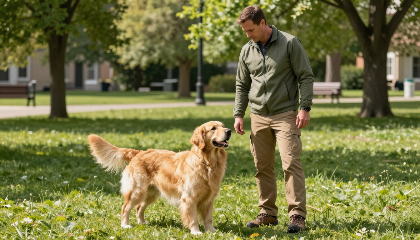 Persona entrenando a un perro profesionalmente en un entorno natural