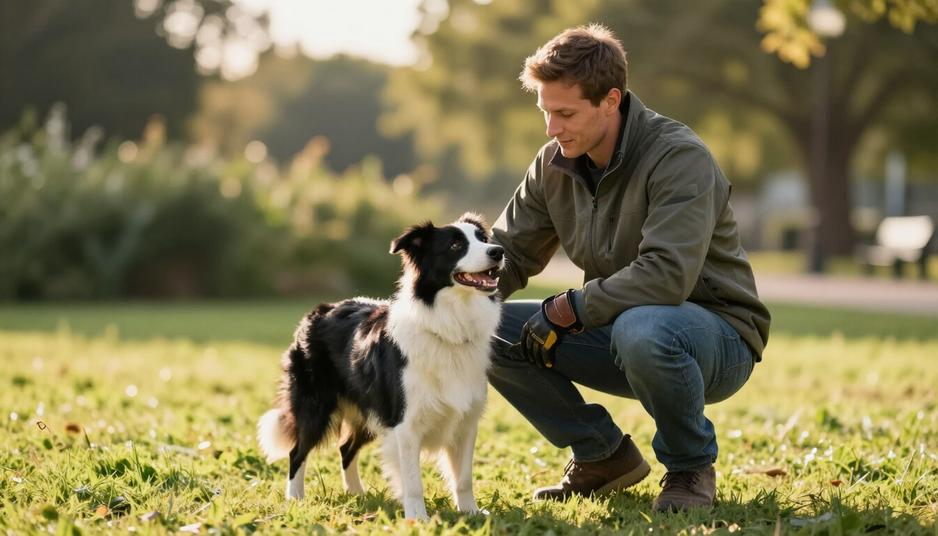 Adiestrador canino profesional trabajando en un parque con un perro feliz.
