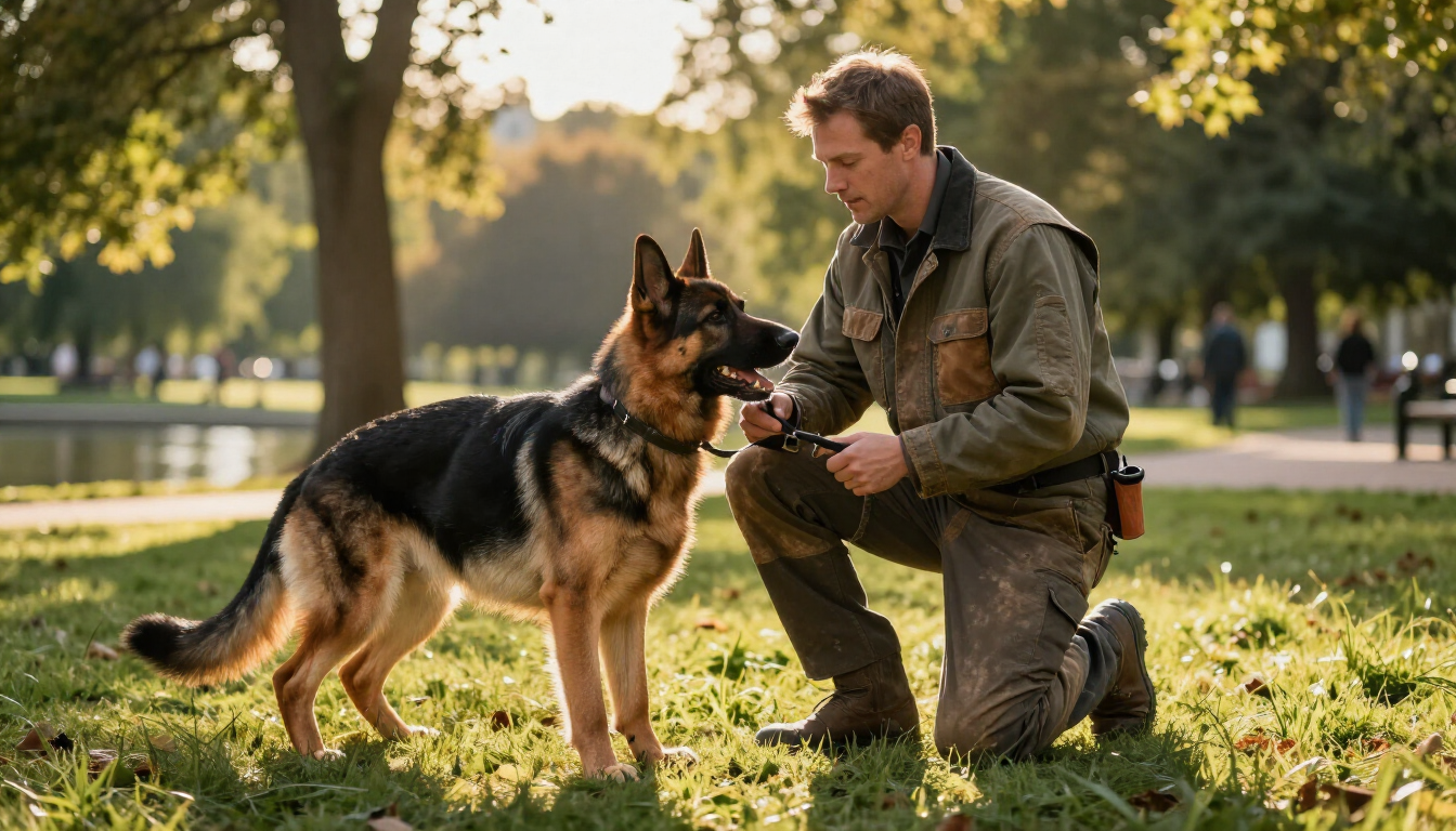 Adiestrador canino trabajando con perro