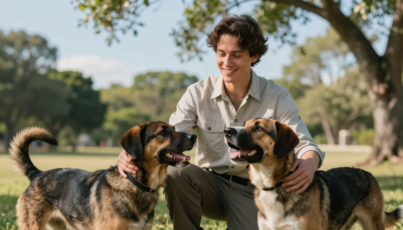 A smiling person kneeling on grass in a park, petting two medium-sized dogs with black and tan fur.