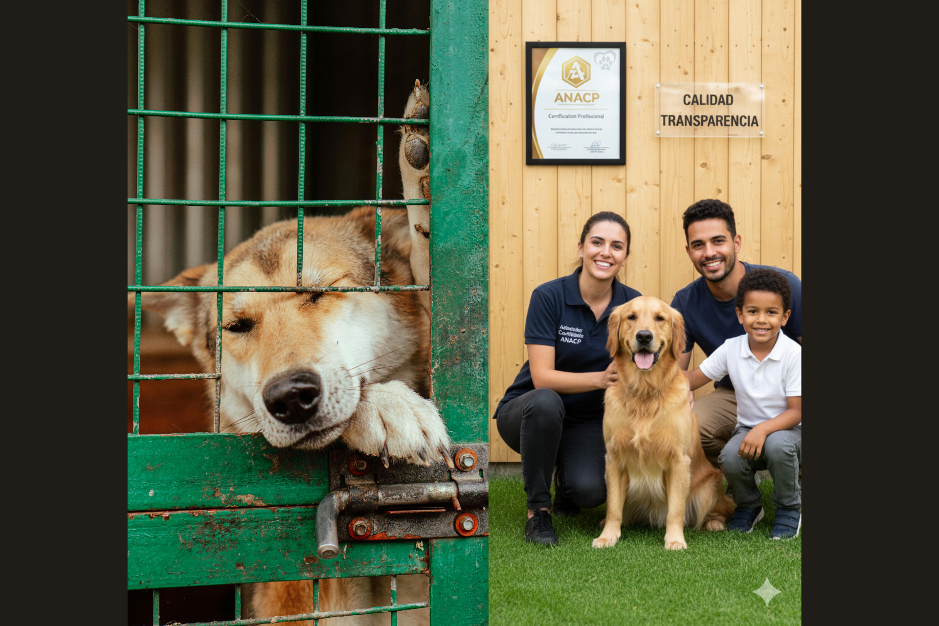 Perro mirando desde una jaula verde al lado de una familia posando con un golden retriever.