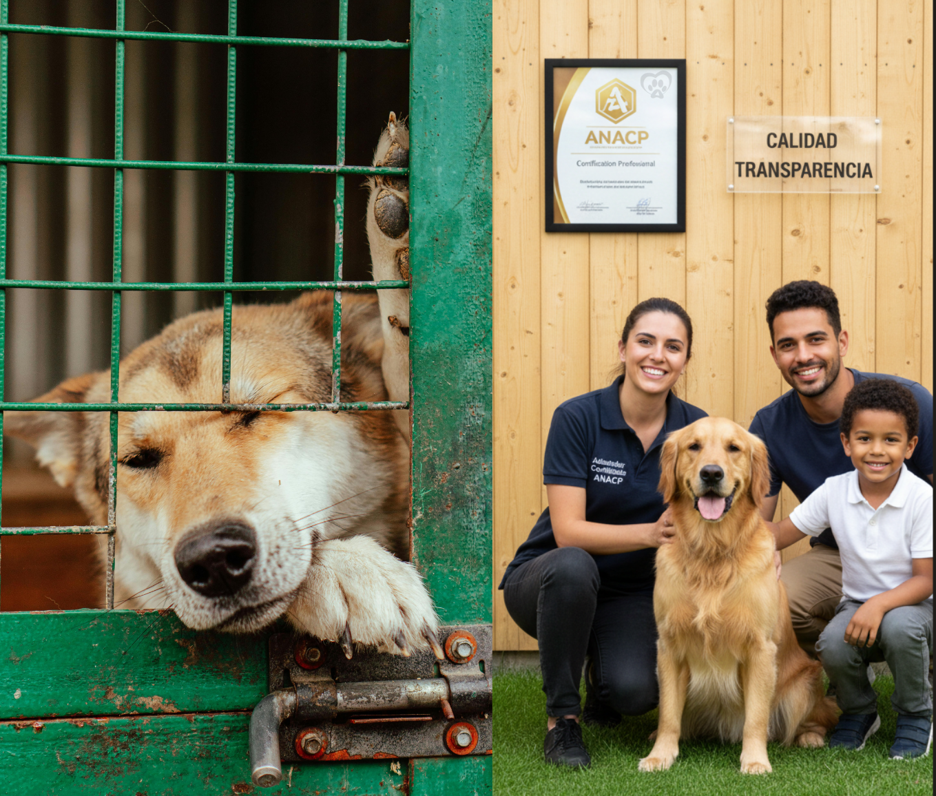 La transparencia y el aval ANACP son el escudo de un adiestrador canino profesional frente a la irresponsabilidad. Imagen dividida que ilustra el contraste ético en el mundo canino. La izquierda muestra las malas prácticas (riesgo, opacidad) y la derecha, el resultado de la profesionalidad y la formación con aval ANACP (calidad, transparencia, armonía familiar).