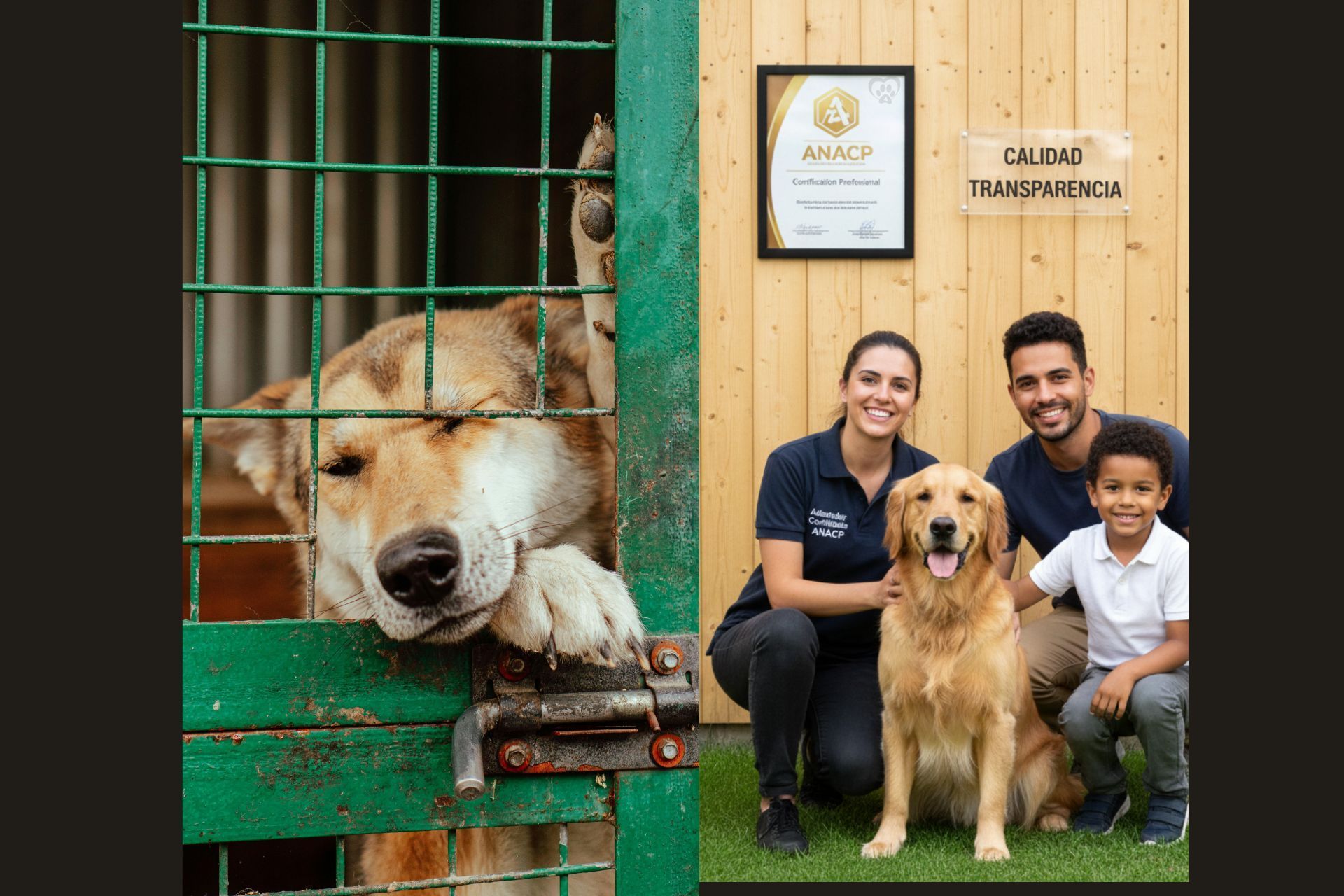 La transparencia y el aval ANACP son el escudo de un adiestrador canino profesional frente a la irresponsabilidad. Perro en una perrera, junto a una familia con un golden retriever. Perrera verde, paneles de madera y letrero.