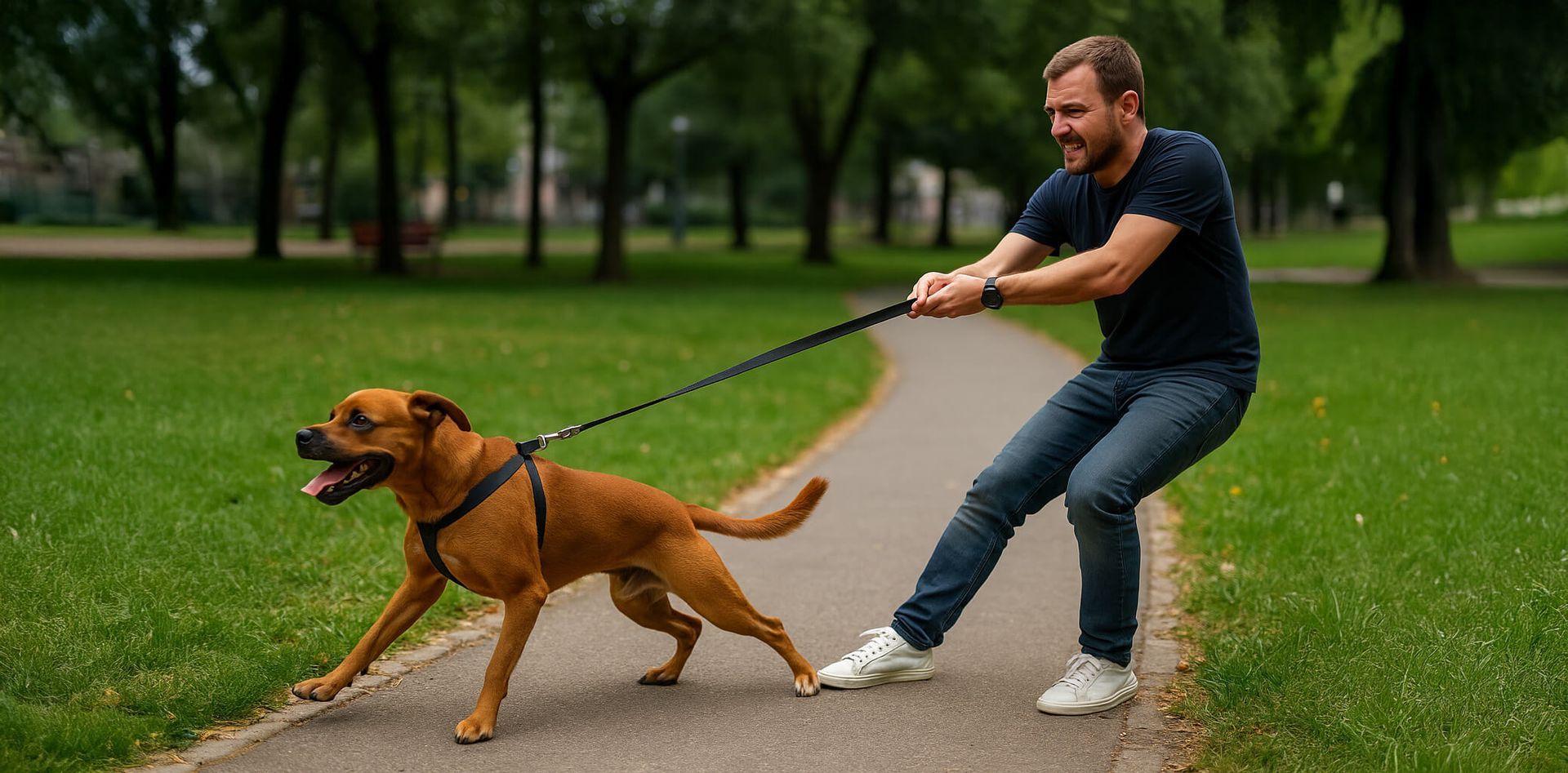 Un hombre está tirando de un perro con una correa en un parque.