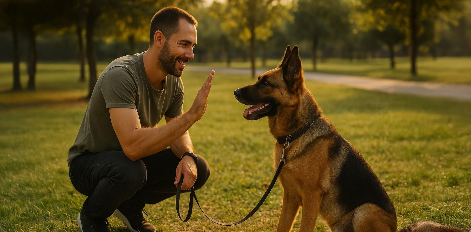 Un hombre se arrodilla junto a un perro pastor alemán y le choca los cinco.