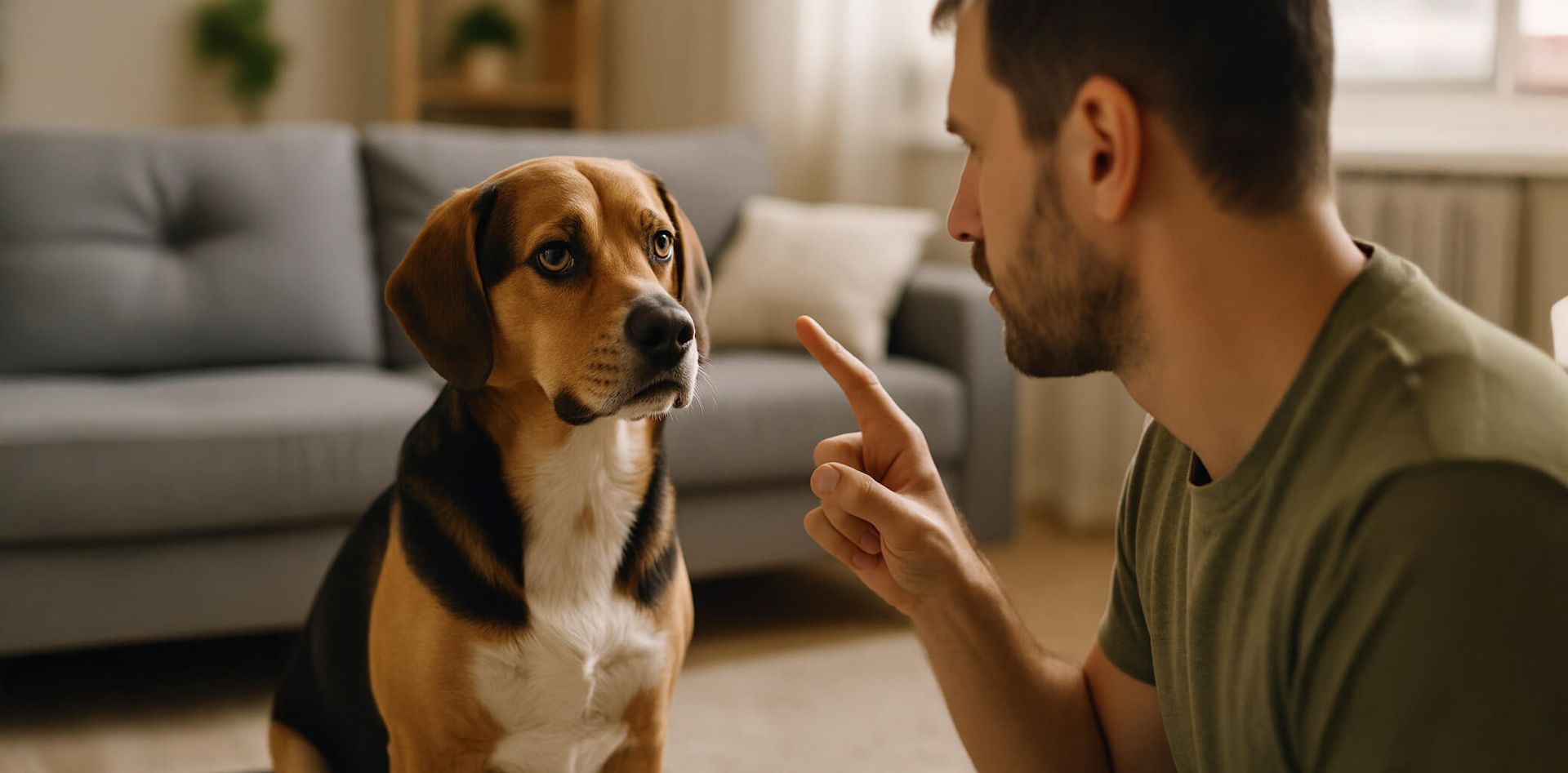 Un hombre está hablando con su perro en una sala de estar.