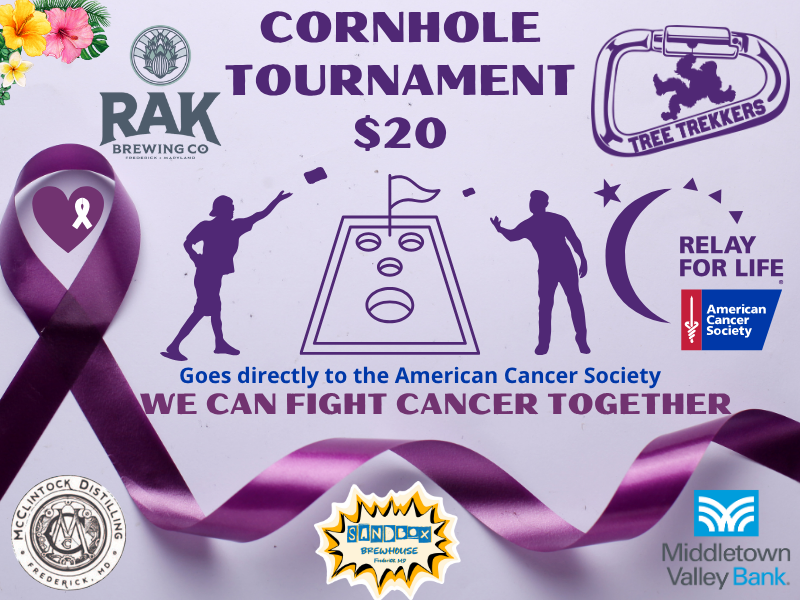 A poster for a cornhole tournament that goes directly to the american cancer society