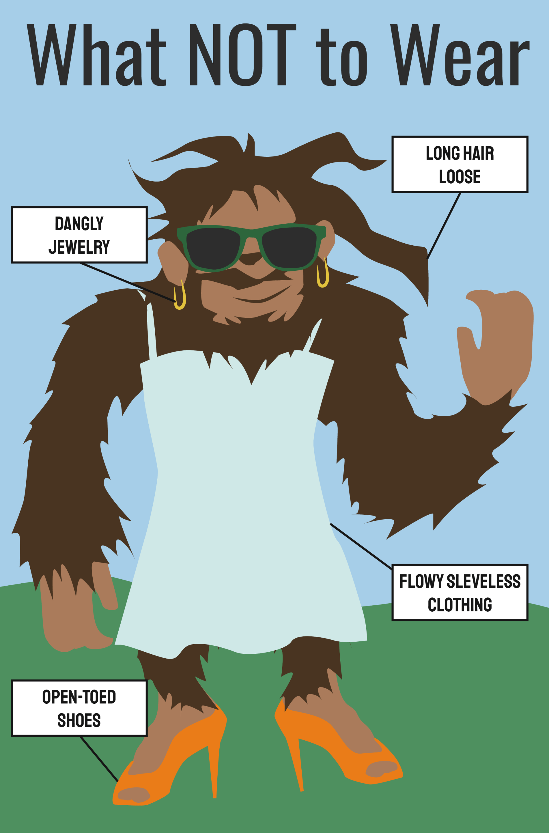 Graphic of female bigfoot showing what not to wear at adventure park