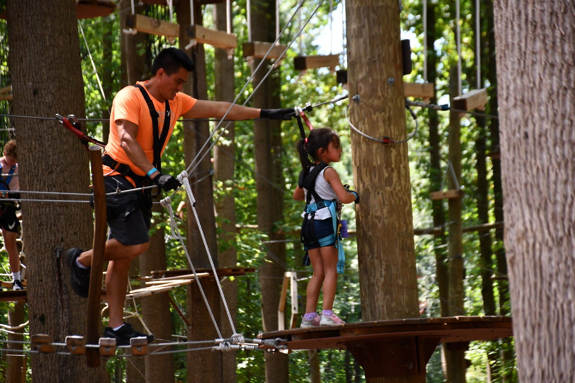 Father climbing with his daughter on Tree Trekkers high ropes course