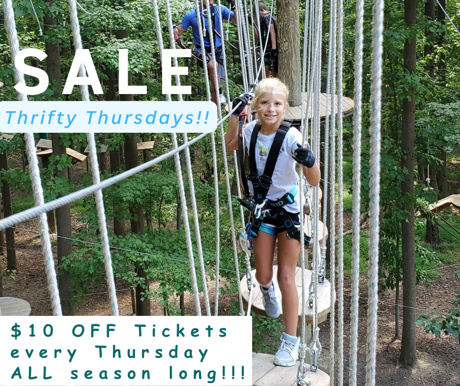 Graphic of girl on ropes course promoting Thrifty Thursdays