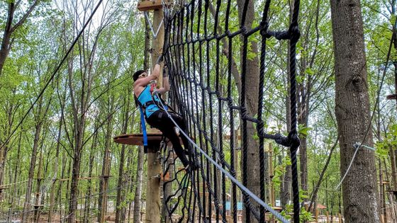 Adult female climbing on rope at high ropes course