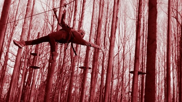 Zipliner on zipline course of adventure and zipline park