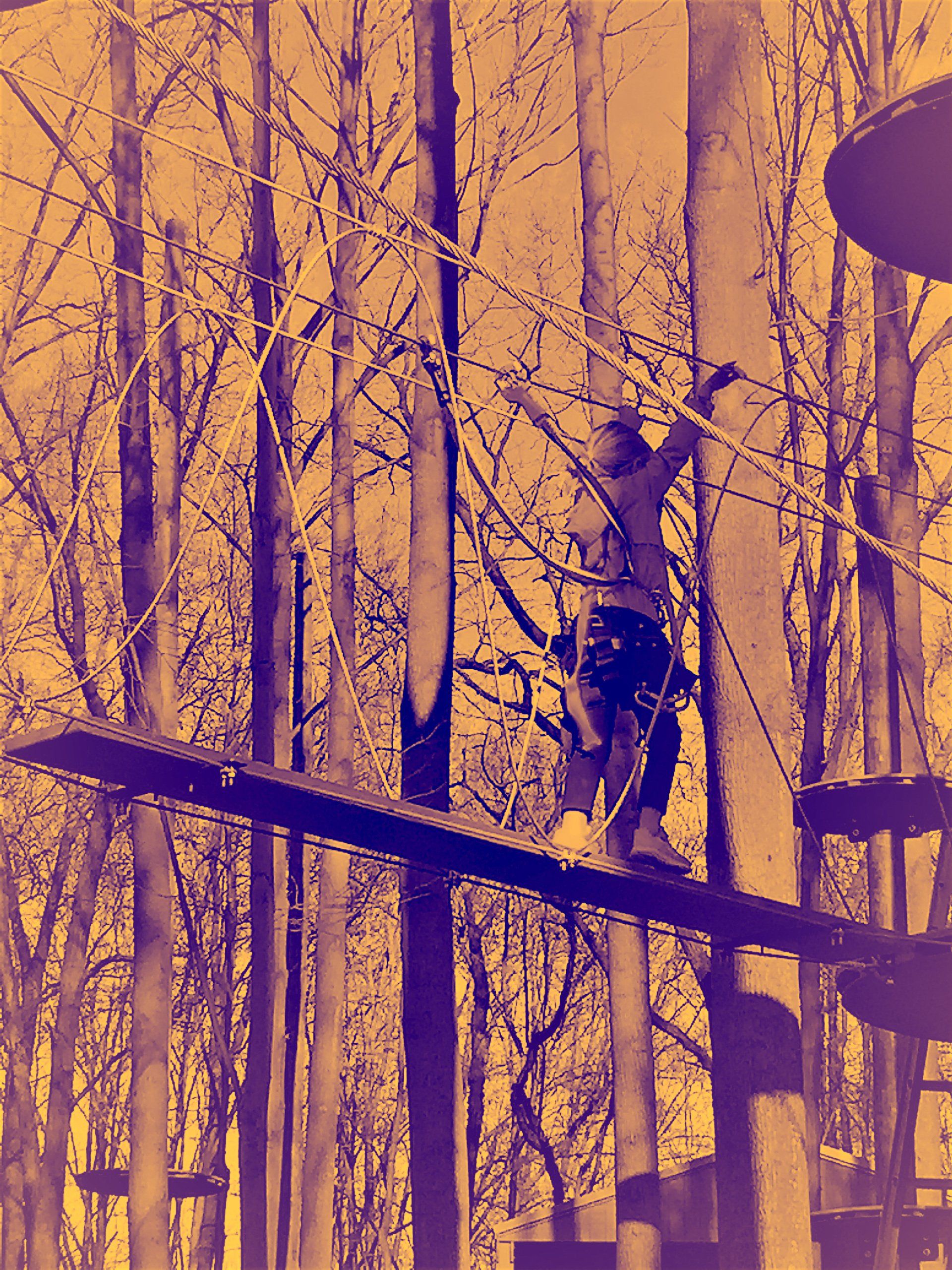 Girl climbing on yellow trail of highropes course