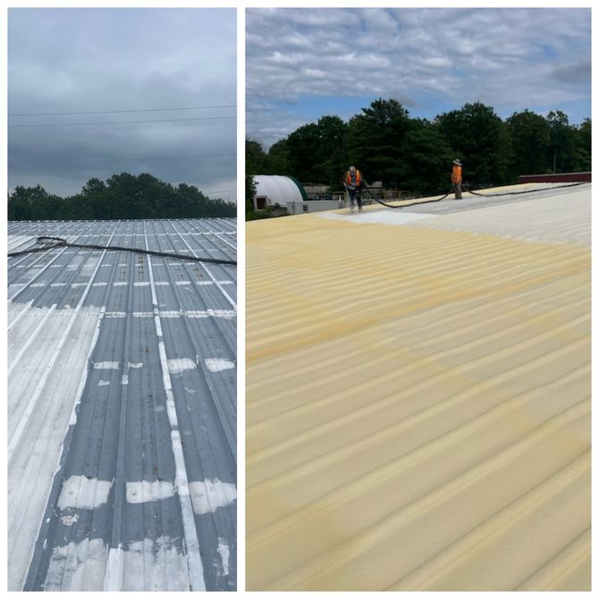 A before and after picture of a roof with a white roof