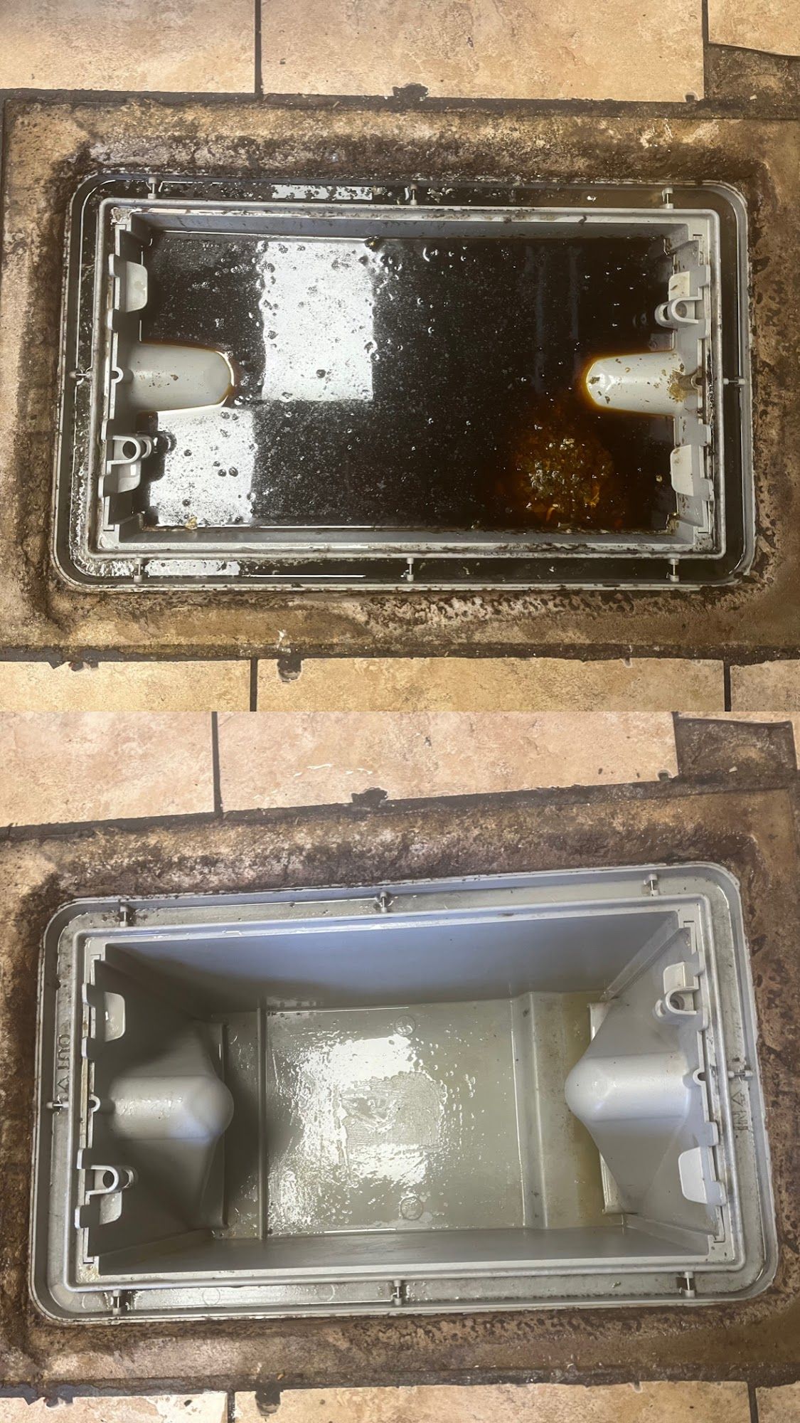 Two rectangular floor drains, one filled with dark liquid, the other cleaned.