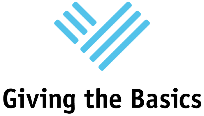 A logo for giving the basics with a blue heart and lines