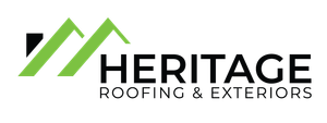 The logo for heritage roofing and exteriors is green and black.