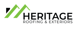The logo for heritage roofing and exteriors is green and black.