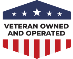 A veteran owned and operated logo with an american flag in the background.