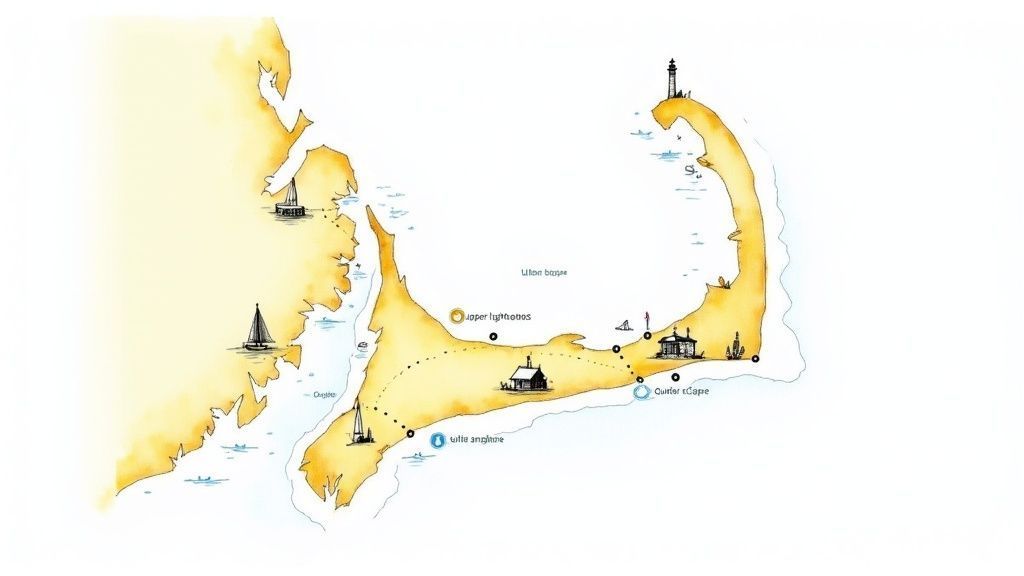 Map of Cape Cod, Massachusetts, showing towns, landmarks, and lighthouses, in yellow and blue.