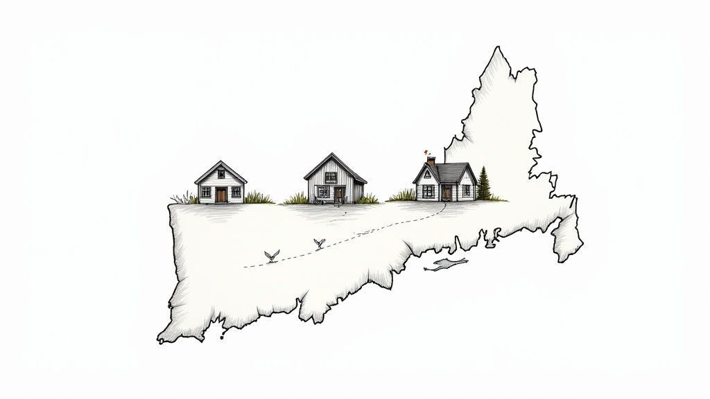Outline of a state with three illustrated houses along its top, connected by a dotted line.