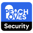 A logo for peach loves security with a blue background