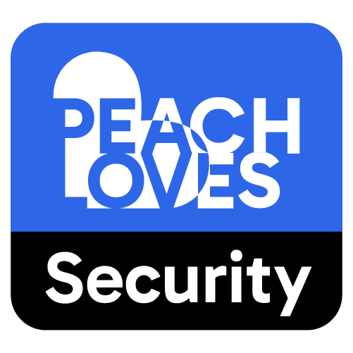 A logo for peach loves security with a blue background