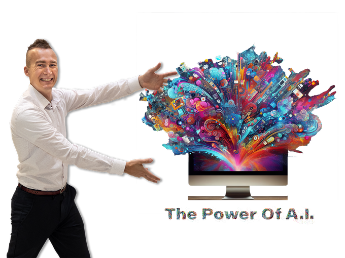 Andy holding his arms out next to a computer with colourful images bursting from the screen.