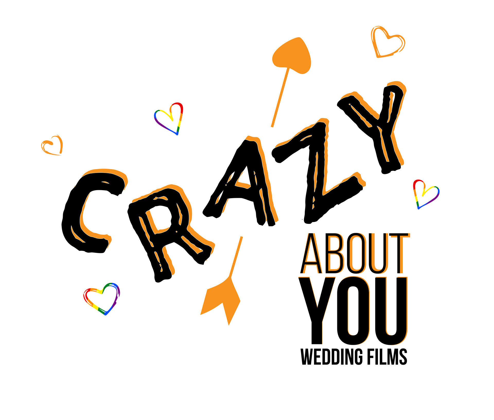 The Crazy About You Wedding Films logo with an orange arrow through the logo and several love hearts. 