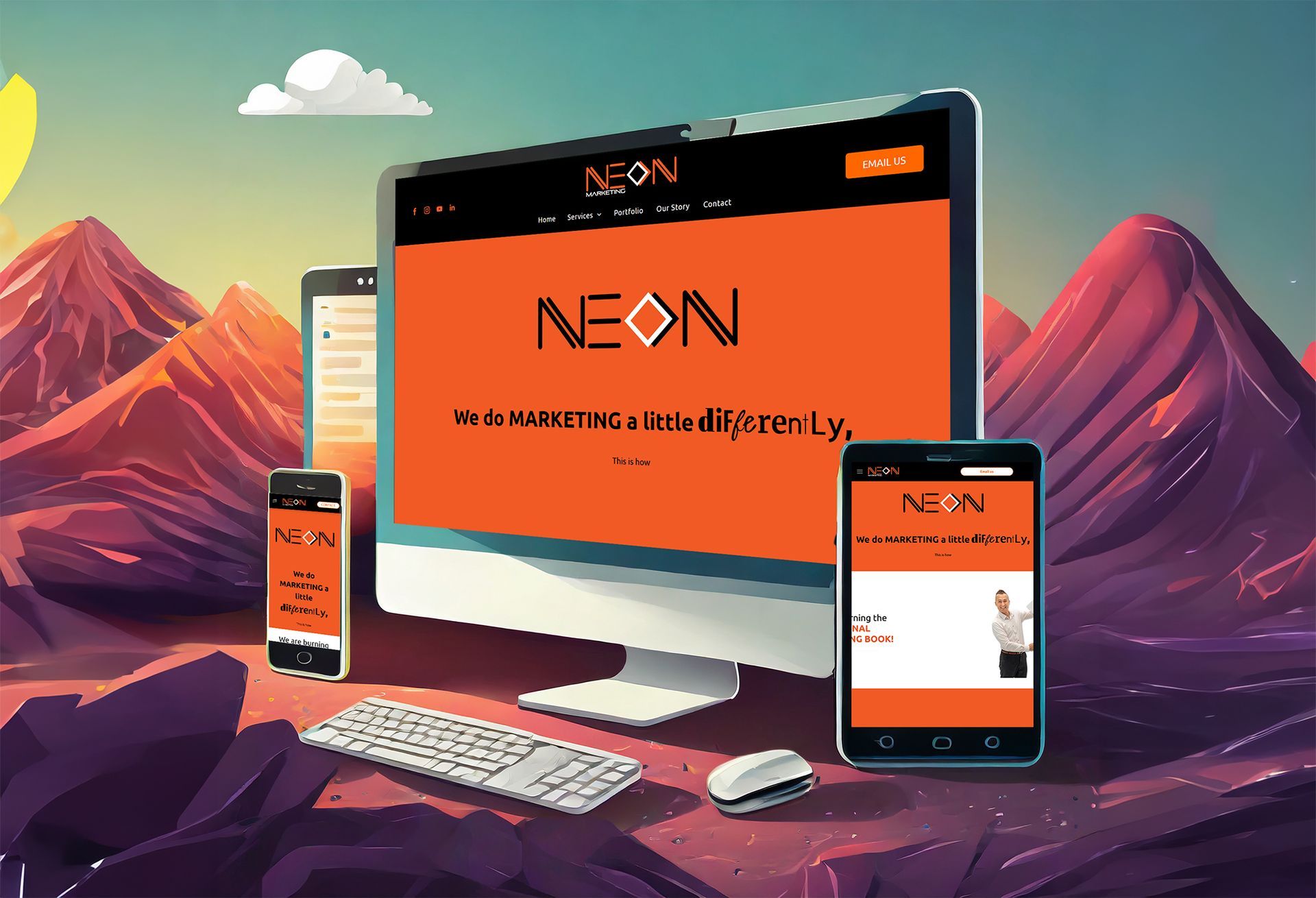 An artistic image of a computer, tablet and phone with the NEON website on screen.