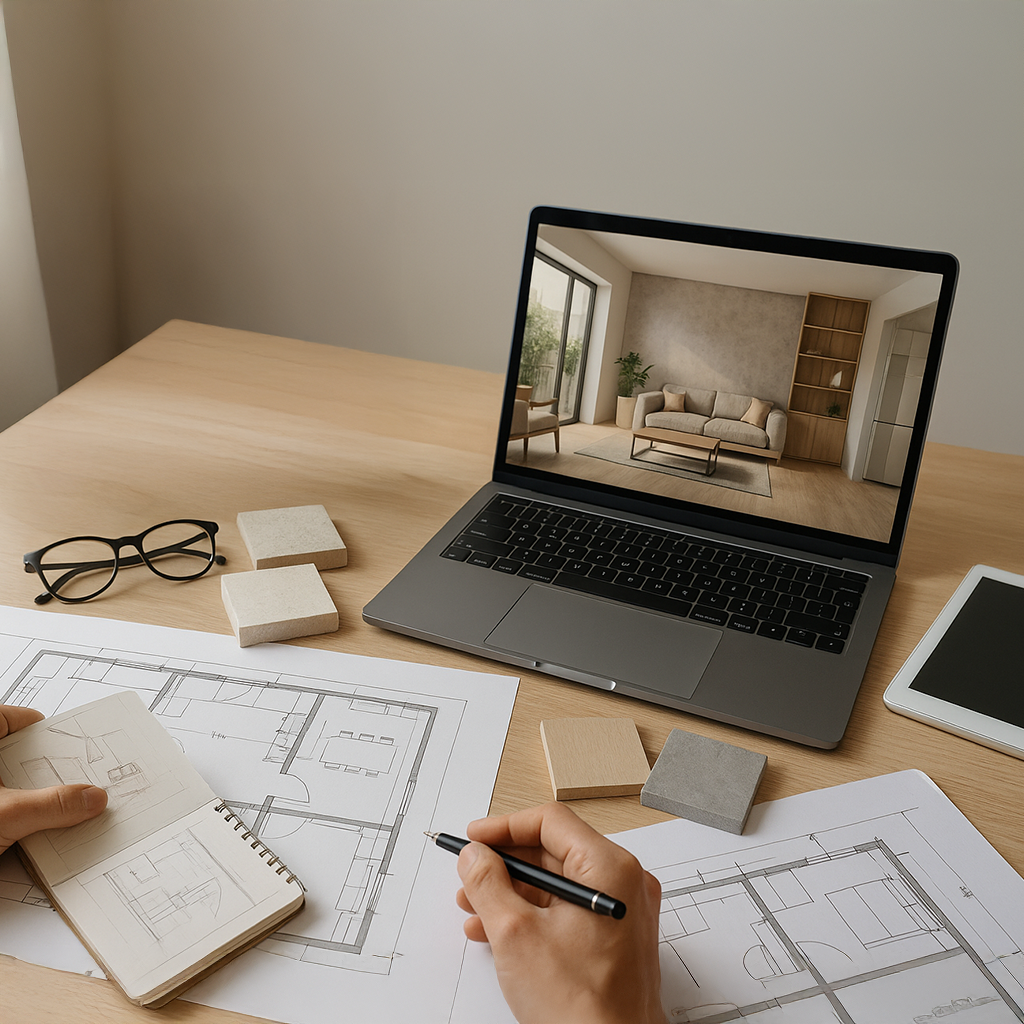 Un grupo de personas está sentada alrededor de una mesa mirando planos.