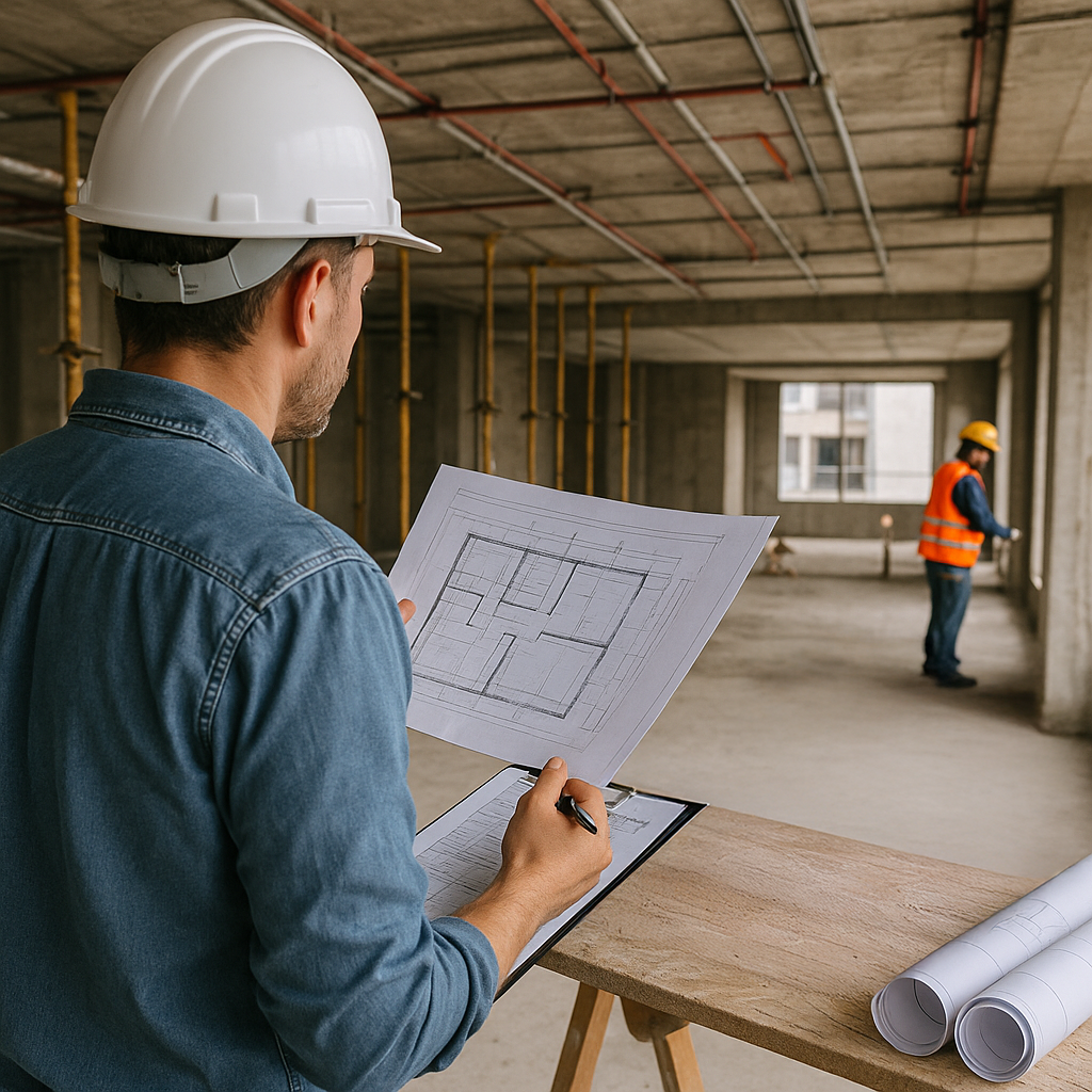 Una silueta de un hombre sosteniendo una antorcha en un sitio de construcción.