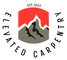 Logo for "Elevated Carpentry" featuring a grey mountain silhouette against a red background with "EST. 2023" above.